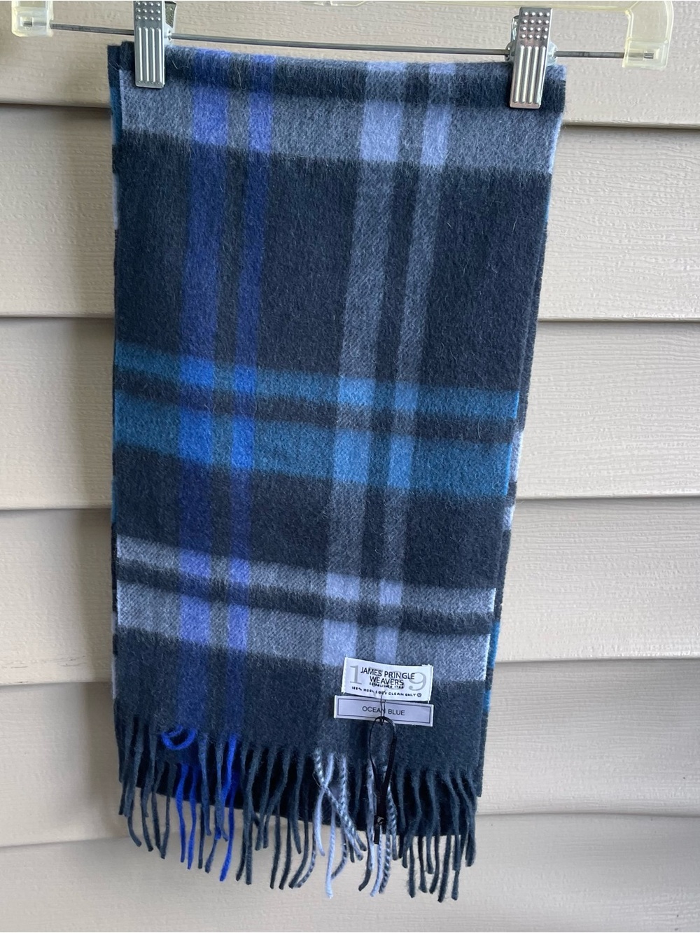 James Pringle Weavers Fringe Plaid Scarf Made in Scotland 100% Pure Wool Blue